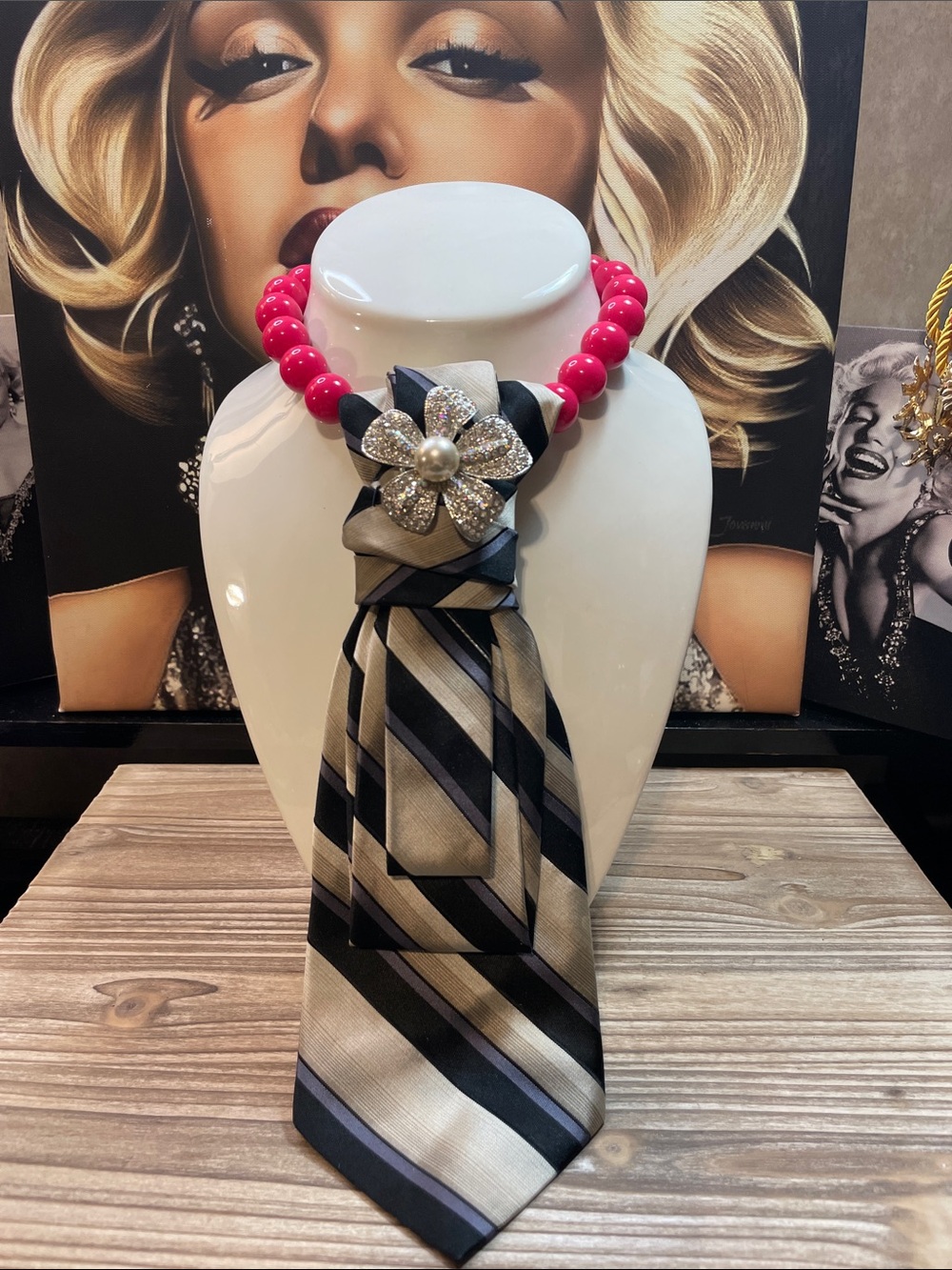 Pink Beaded Statement Necklace with Striped Tie and Floral Pendant